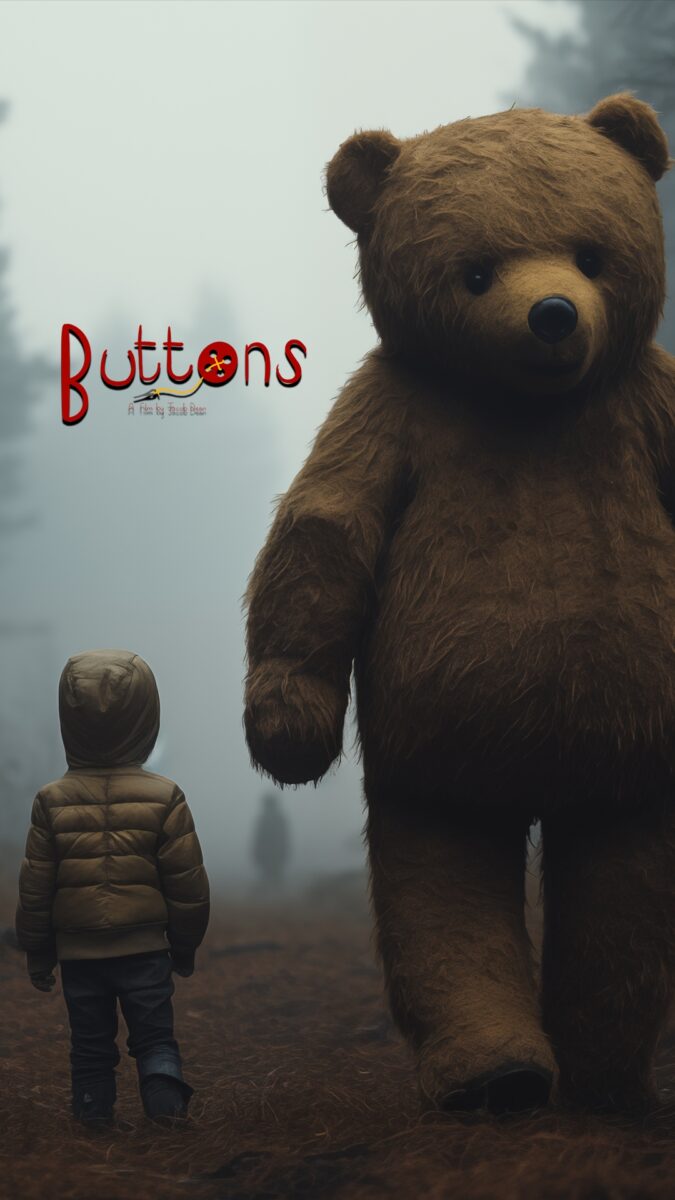 Logo/poster for Buttons, showing a small boy and a very large teddy bear walking past each other.
