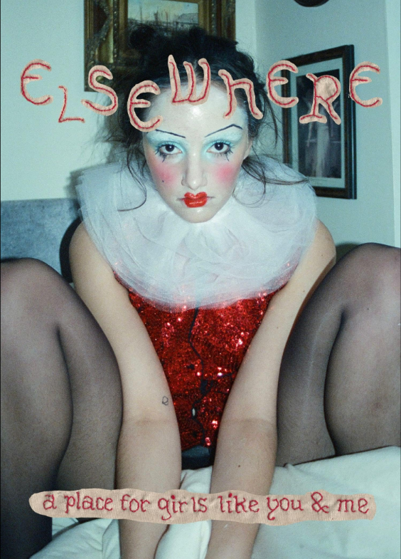 Logo/poster for Elsewhere, showing a stylized image of a woman wearing a clown collar and clown makeup.