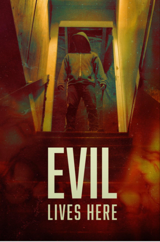 Logo/poster for Evil Lives Here, showing a faceless man at the top of a staircase.