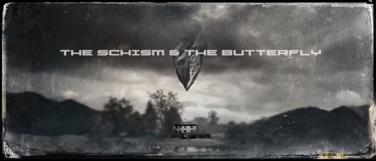 Logo/poster for The Schism & The Butterfly, showing a large pointy rock hovering over a small house.