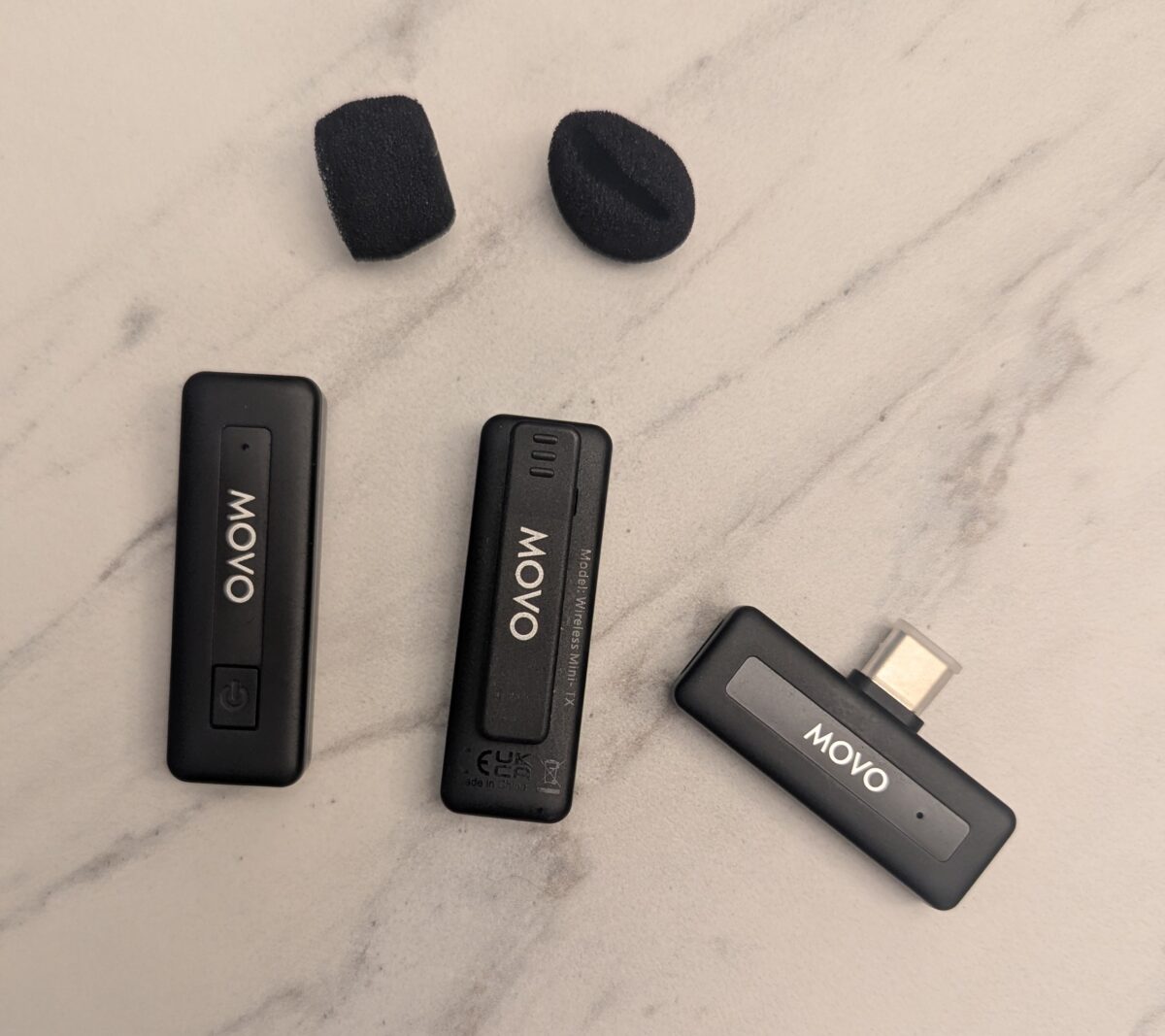 Movo mics, receiver, and foam toppers.