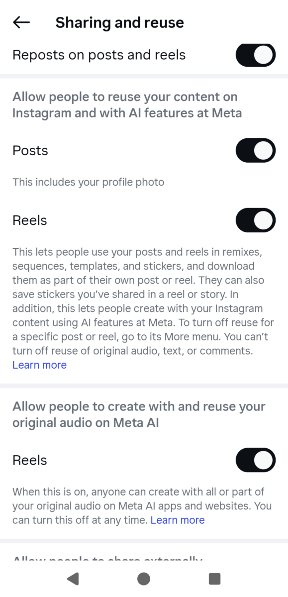 Screenshot of Instagram settings for Sharing and reuse with AI permissions toggled on.