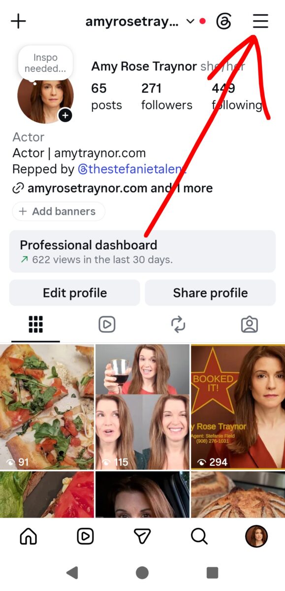 Screenshot of Instagram page for profile and grid, with an arrow to the three lines at the top (sometimes called the "hamburger").