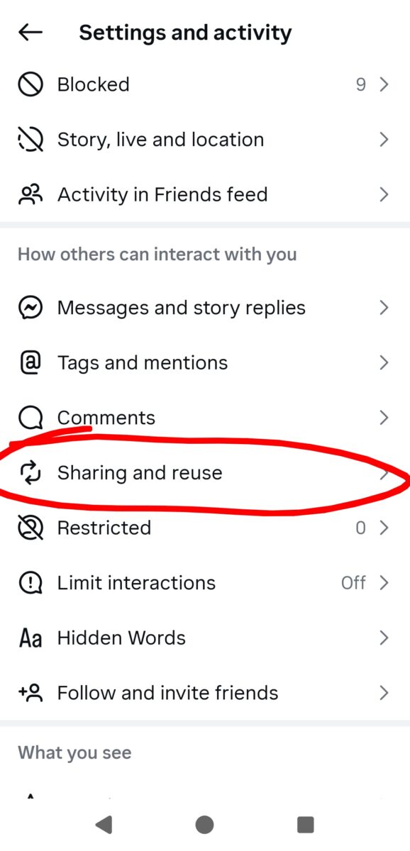 Screenshot of Instagram settings for Settings and activity.